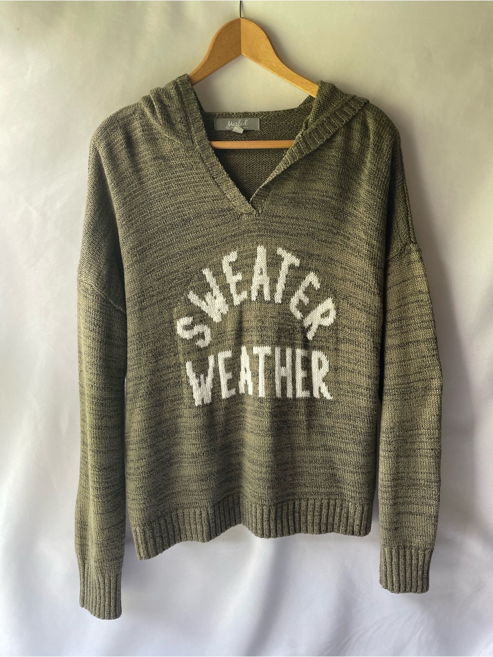 Marled Olive V-Neck Hooded Sweater with White Text Oversized Cropped